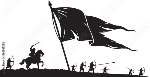Medieval warriors, black silhouette, battle scene, flag bearer, vector illustration