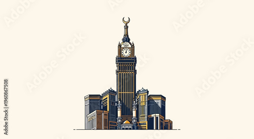 Makkah Royal Clock Tower Illustration - Iconic Abraj Al-Bait Landmark Vector for Hajj and Umrah Travel