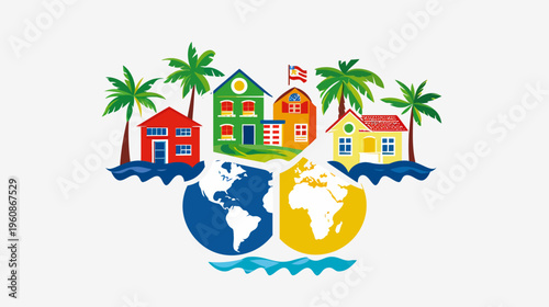 Colorful illustrated scene depicting houses with palm trees on islands above a world map split