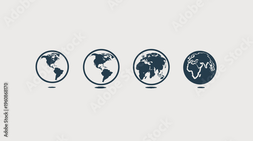Four stylized globe illustrations, each showing different perspectives, on a plain background