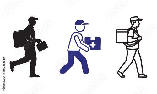 Delivery workers, couriers, and helpers icons set, vector illustrations