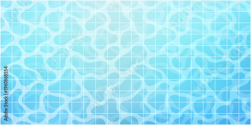 Blue pool tile mosaic pattern with water caustics light and square grid background