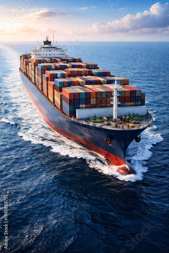 Massive Container Ship Sailing on Blue Ocean with Colorful Cargo Containers, Global Trade and Maritime Industry