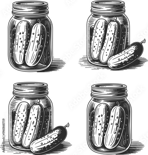 Pickle jars set, hand drawn cucumbers in glass jars vintage engraving style food illustration