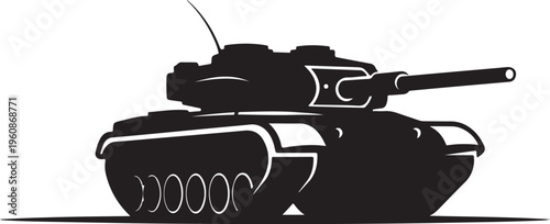 Black tank icon, military vehicle silhouette, armored warfare symbol, vector graphic