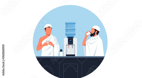 Muslim Pilgrims in Ihram Drinking Water from Dispenser During Hajj or Umrah Illustration