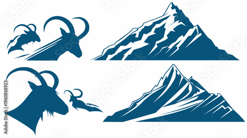 Set of blue-toned illustrations featuring mountain silhouettes and goat heads