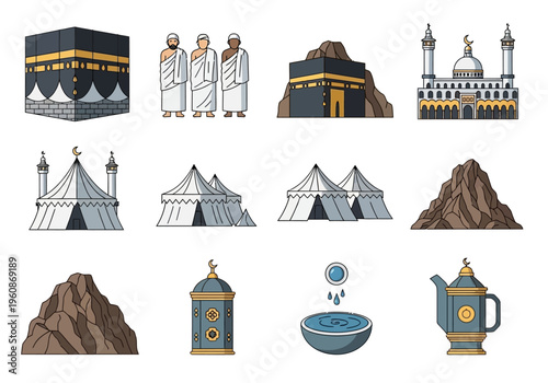 Hajj and Umrah Pilgrimage Icon Set with Kaaba, Pilgrims in Ihram, Mosque, Mina Tents, and Religious Symbols for Islamic Travel and Education