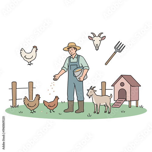 Farmer feeds animals on green grassy farm with chickens goat dog