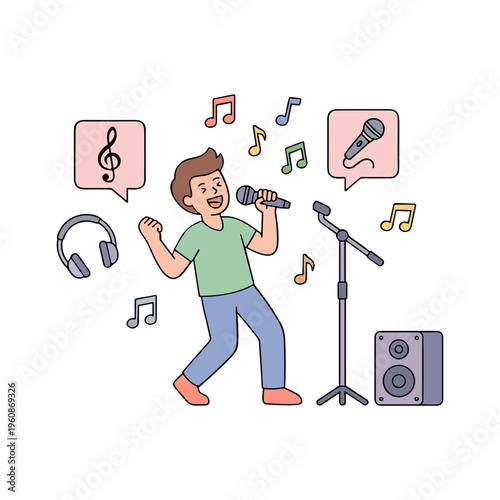 A man enthusiastically sings into a microphone surrounded by music notes and headphones.