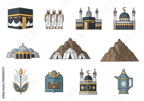 Islamic Hajj and Umrah Pilgrimage Vector Icon Set Featuring Kaaba, Mosque, Pilgrims, and Sacred Landmarks of Mecca