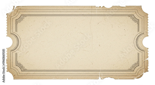 Vintage ticket stub template with empty space for text, aged paper texture, and ornate border design.