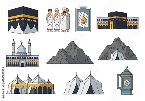 Islamic Hajj and Umrah Pilgrimage Icons Set with Kaaba, Pilgrims, Mosque, and Holy Sites for Religious Designs