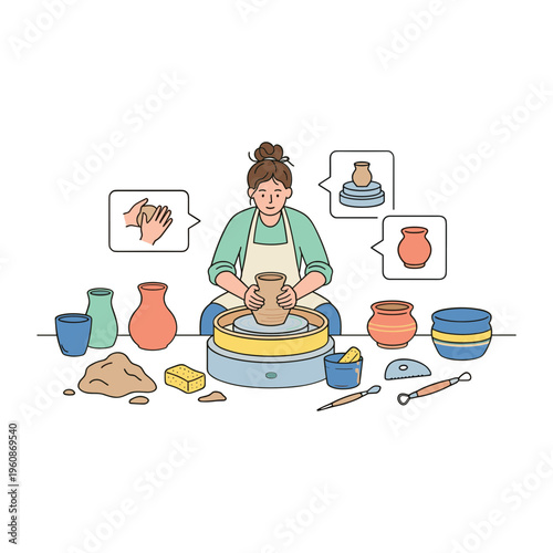 Woman creates pottery on wheel in studio with various tools and vessels