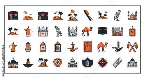 Islamic and Middle Eastern Culture Icon Set featuring Mosque, Kaaba, Camel, Falcon, and Desert Heritage Symbols in Modern Flat Line Style
