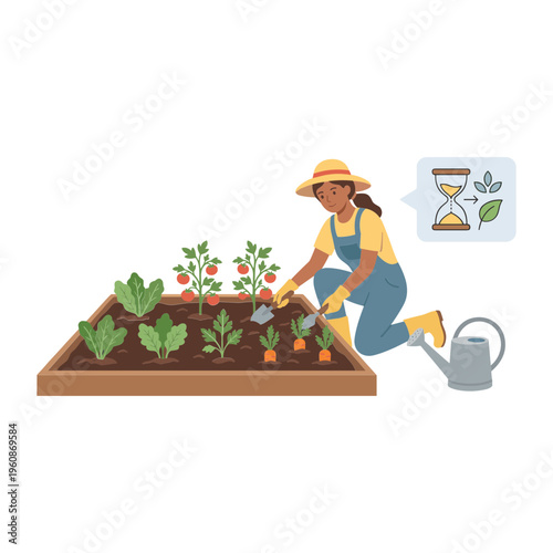 A woman is gardening in a raised bed outdoors growing plants and vegetables.