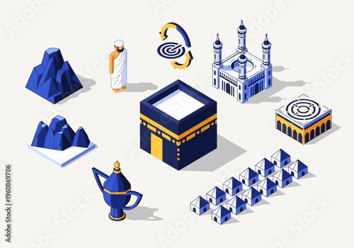 Hajj and Umrah Islamic Pilgrimage Isometric Vector Icons Set with Kaaba, Masjid al-Haram, Pilgrim, Mina Tents and Sacred Landmarks for Mecca Travel Design