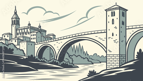 Historic Bridge Over River Old Town Flat Vector