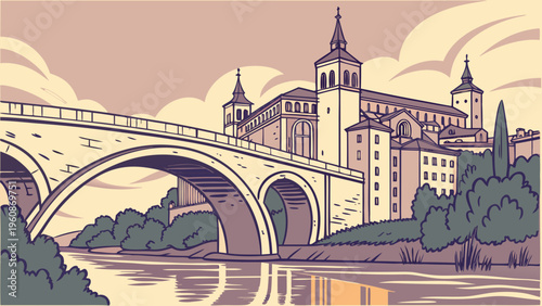 Historic Bridge Over River Old Town Flat Vector