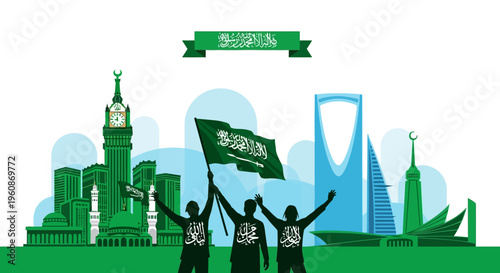 Saudi National Day Celebration Illustration with KSA Landmarks, National Flag, and People Silhouettes