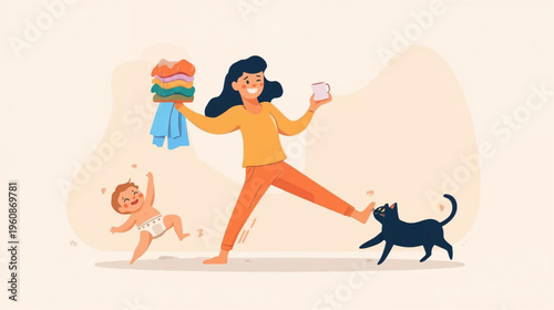 flat illutration of busy mother multitasking