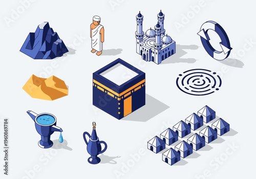 Isometric Islamic Hajj and Umrah Pilgrimage Vector Icon Set featuring Kaaba, Mosque, Pilgrim in Ihram, Mina Tents, and Mecca Landmarks for Religious Infographics