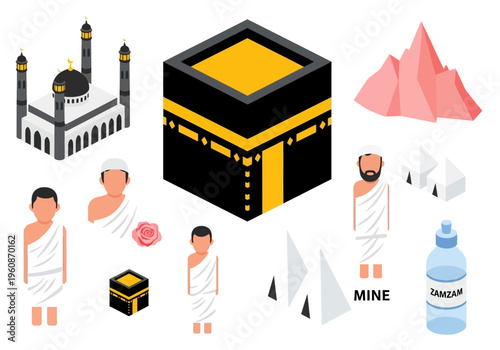 Hajj and Umrah Pilgrimage Isometric Vector Illustration Set with Kaaba, Mosque, Pilgrims in Ihram, Mina Tents, Mount Arafat, and Zamzam Water for Islamic Projects