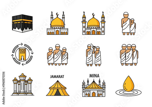 Hajj and Umrah Islamic Pilgrimage Icon Set - Vector Illustrations of Kaaba, Mosque, Pilgrims, Jamarat, and Mina Tents for Religious Graphics