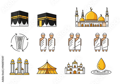 Hajj and Umrah Islamic Pilgrimage Icon Set Featuring Kaaba, Mosque, Pilgrims in Ihram, and Zamzam Water Symbols