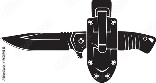 Black pocket knife, folding knife, knife icon, vector illustration, knife with sheath, outdoor tool