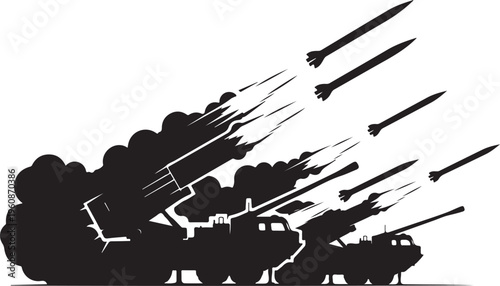 Black silhouette military vehicles, tanks launching missiles, explosive combat scene, warfare graphics