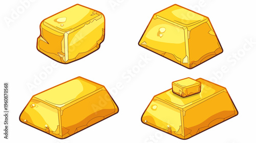 Four cartoon-style gold bars, each with a unique shape and slight texture against a white backdrop