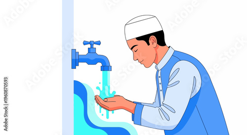 Muslim Man Performing Wudu Ablution Ritual Washing Hands Under a Water Faucet Before Prayer, Islamic Culture Vector Illustration