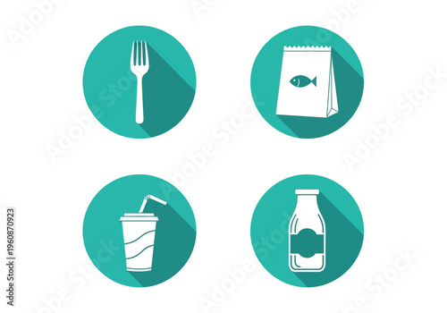Flat Food and Drink Icon Set with Long Shadows - Fork, Fish Takeout Bag, Soda Cup, and Milk Bottle - Modern Vector Graphics for Restaurant and Delivery Service
