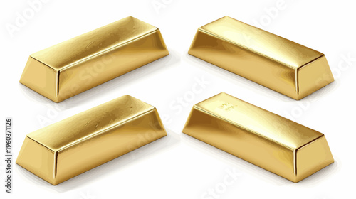 Four stylized gold bars arranged at angles. The golden ingots are set against a white background