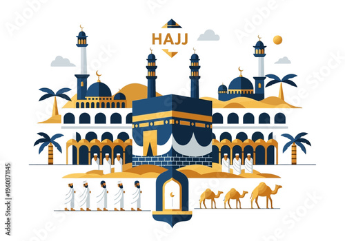 Islamic Hajj and Umrah Pilgrimage Illustration featuring the Kaaba, Mosque Architecture, Pilgrims, and Desert Landscape in Modern Flat Design Style
