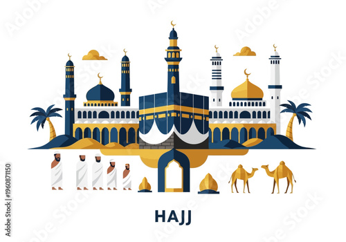 Hajj Islamic Pilgrimage Illustration with Kaaba Mosque and Pilgrims in Flat Design Style for Eid al-Adha and Muslim Religious Background