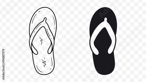 Minimal line flip flops icon, clean outline sandals, black, summer footwear, beach vacation symbol, simple flipflop illustration isolated on Transparent Background