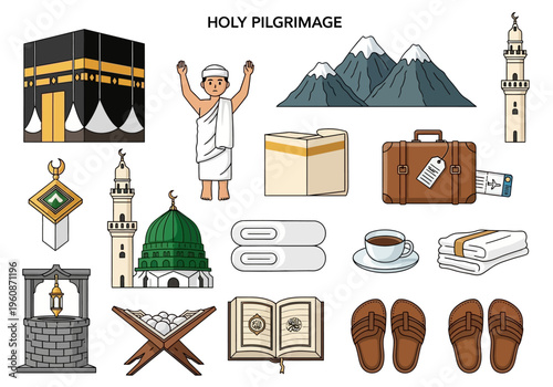 Hajj and Umrah Icons Set: Islamic Holy Pilgrimage Elements featuring Kaaba, Mosque, Pilgrim in Ihram, Quran, and Travel Gear for Makkah and Madinah Journey