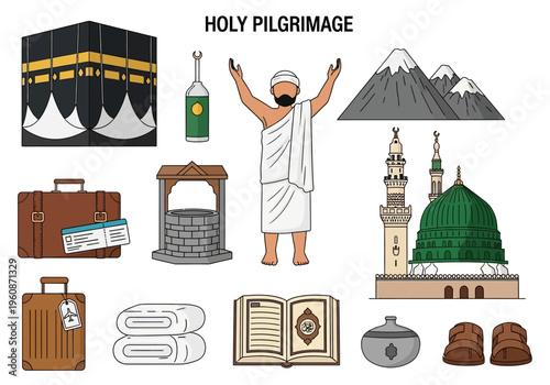Islamic Hajj and Umrah Holy Pilgrimage Icon Set - Vector Illustration of Mecca, Medina Landmarks, and Travel Essentials