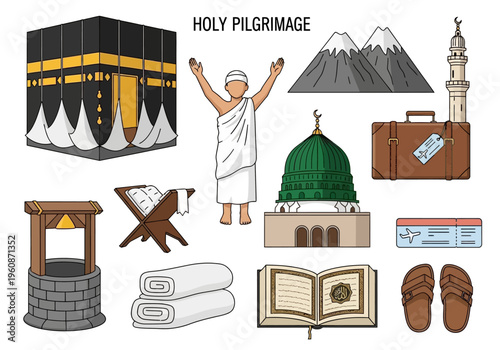 Islamic Hajj and Umrah Pilgrimage Vector Icon Set with Kaaba, Ihram, and Sacred Landmarks for Holy Journey to Makkah