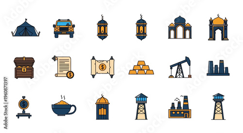 Middle East Culture and Economy Flat Vector Icon Set featuring Oil Industry Finance and Islamic Heritage Symbols