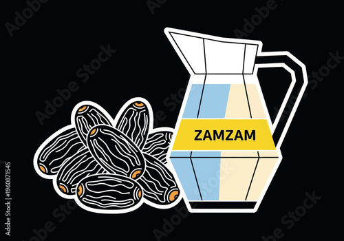 Zamzam Water and Dates Illustration for Ramadan Iftar - Islamic Holy Food and Drink Vector Sticker Art on Black Background