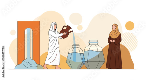 Arab Man Pouring Water from Pitcher with Middle Eastern Woman, Sustainable Water Resource Management and Conservation Concept Illustration in Flat Vector Style