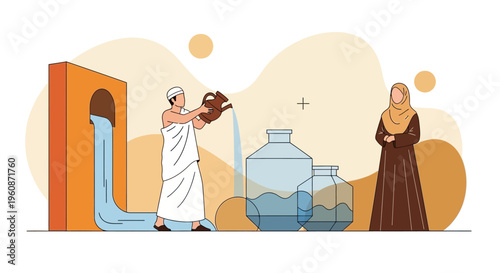 Muslim Man in Ihram Pouring Holy Zamzam Water into Bottles, Islamic Pilgrimage Concept Illustration for Hajj and Umrah