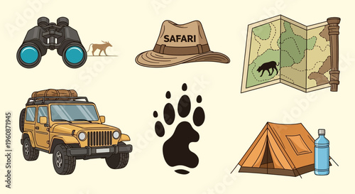 Safari adventure travel exploration icons set.