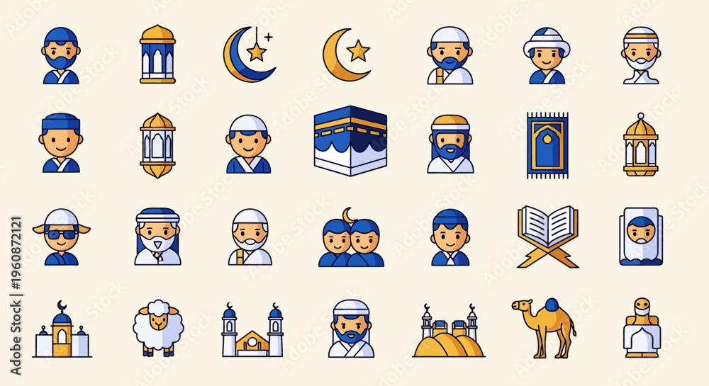 Obraz premium Islamic Ramadan and Eid Icon Set with Muslim Avatars, Kaaba, Mosque, and Religious Symbols