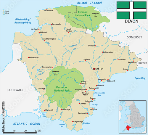 Map of the ceremonial county Devon, England, UK