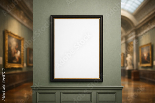 Blank vertical frame mockup on sage green museum gallery wall
