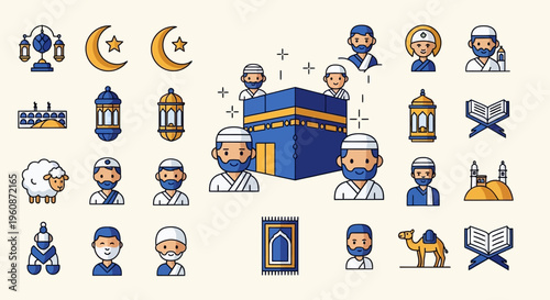 Islamic Hajj and Umrah Icon Set with Kaaba, Pilgrims, Lanterns, and Quran for Eid al-Adha and Ramadan